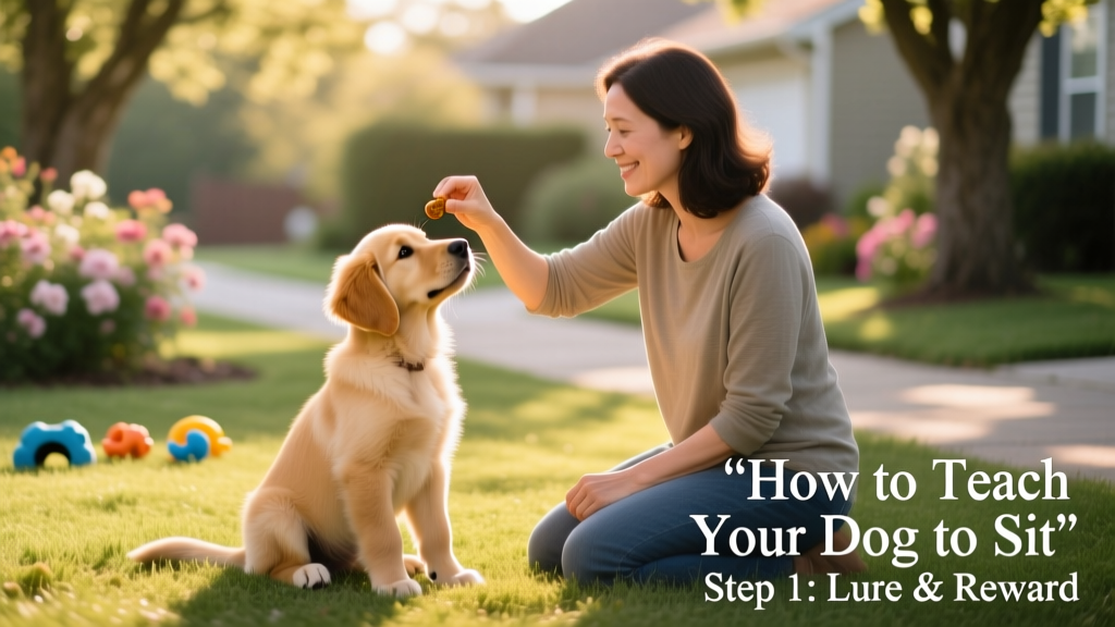 A person gently guiding a young dog into a sitting position using a treat held above its head