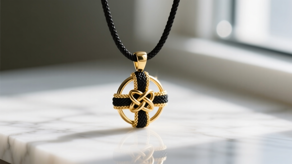 Macro shot of gold pendant on black S-lon cord with a sliding macrame knot, resting on white marble in soft natural daylight