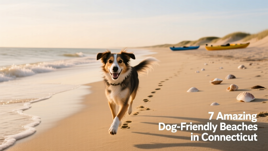 A mixed-breed dog trotting along a wide, open stretch of sandy beach with gentle waves