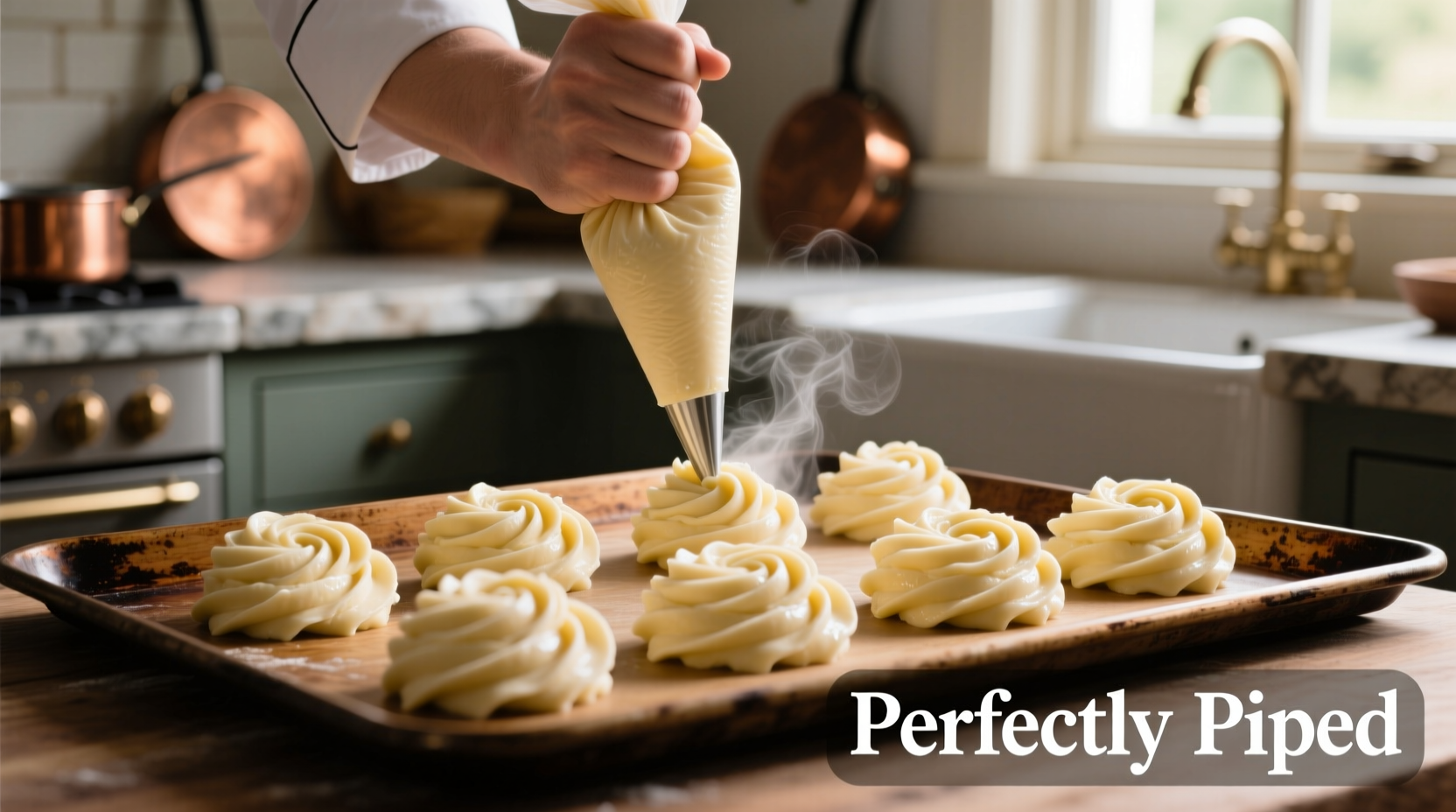 Chef piping perfect mashed potato rosettes onto baking sheet