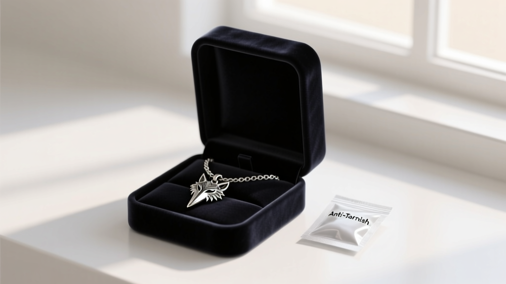Dark velvet jewelry box holding a silver chain with a metal wolf tooth pendant, stored next to a small anti-tarnish silica packet.
