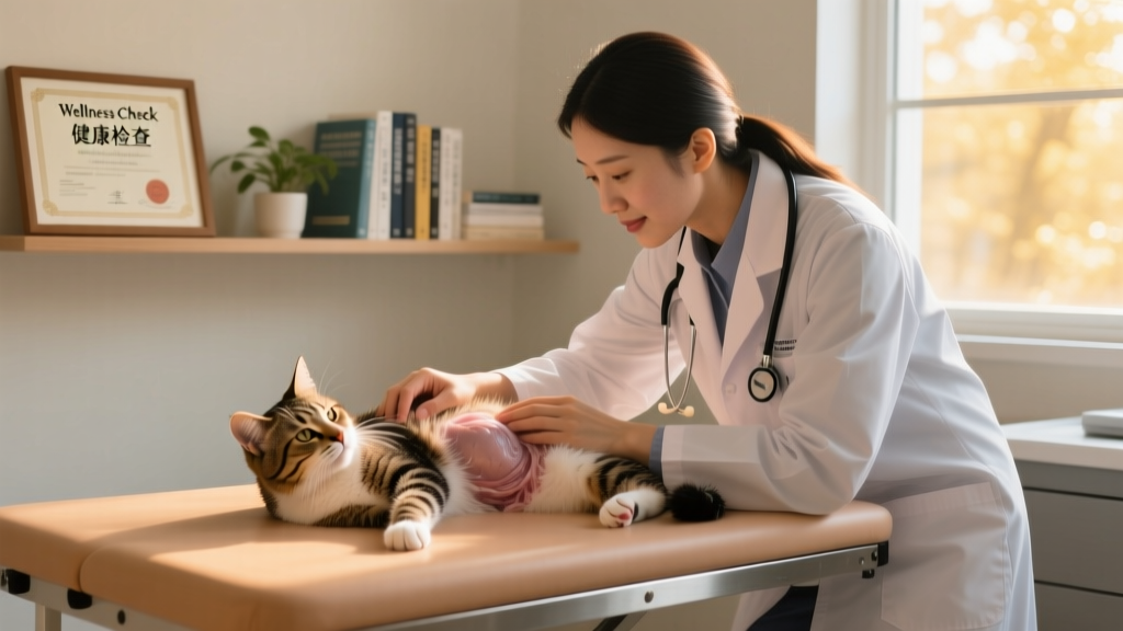 Veterinarian gently examining a postpartum cat during a wellness check