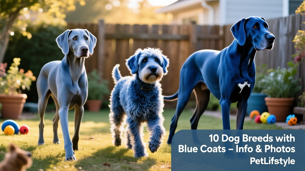 Side-by-side comparison of three blue-coated dogs: a Weimaraner, a Kerry Blue Terrier, and a blue Great Dane