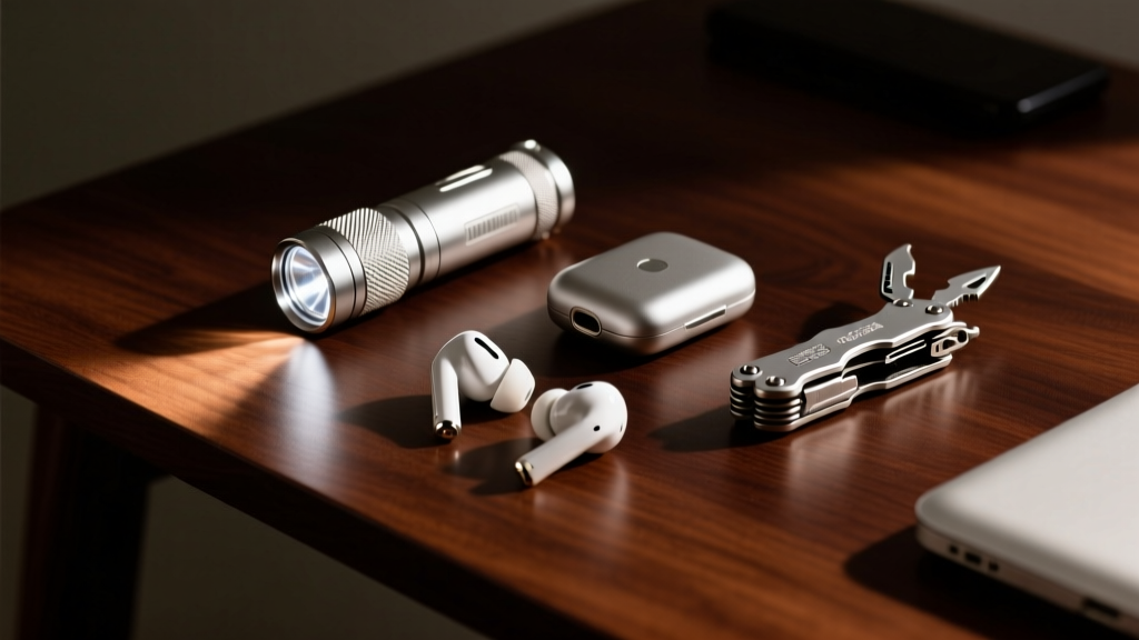 Flat lay of a compact flashlight, wireless earbuds, and multi-tool arranged on a dark walnut desk with moody directional lighting