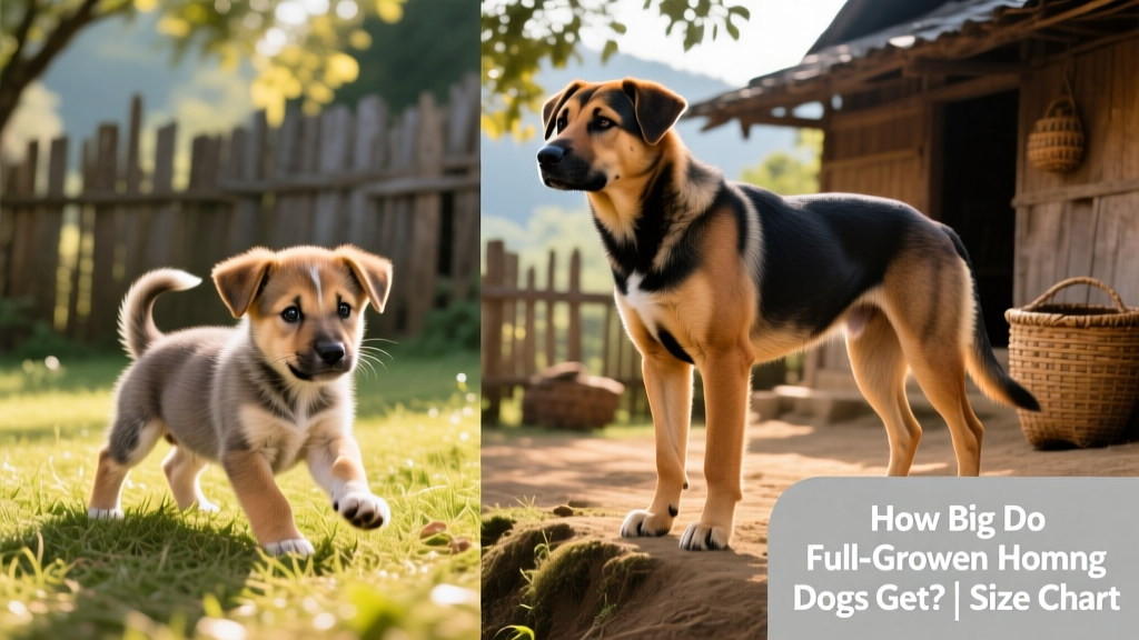 Side-by-side comparison showing a Hmong Dog puppy at 4 months and the same dog at 16 months, highlighting proportional growth