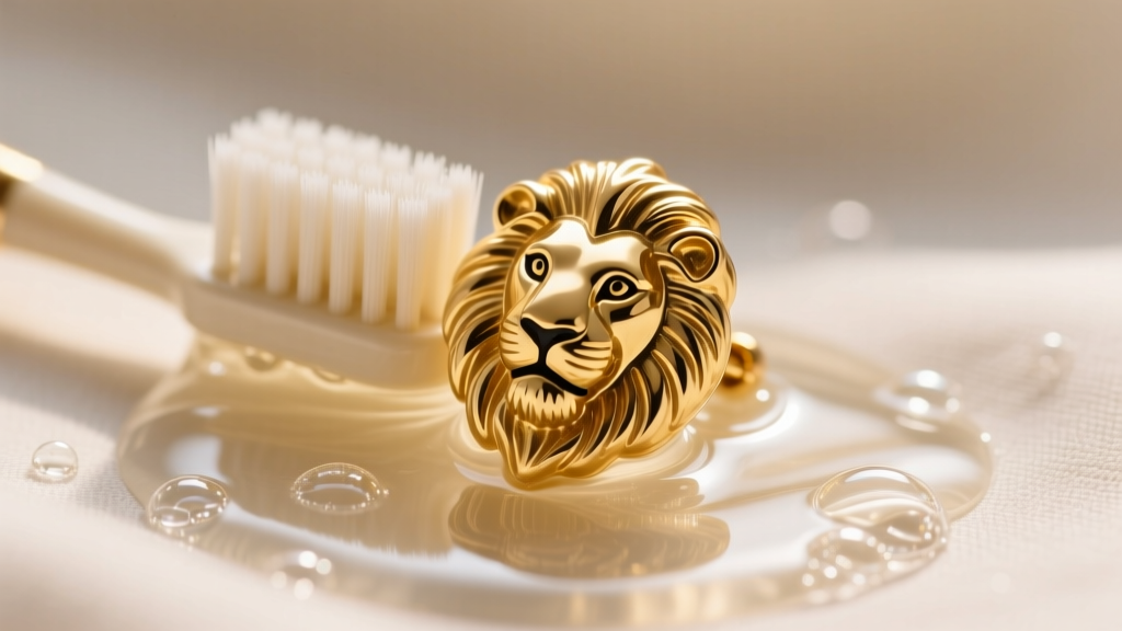 Soft toothbrush scrubbing the recessed mane of a gold-plated lion earring submerged in a warm, mild, sudsy jewelry cleaning solution.