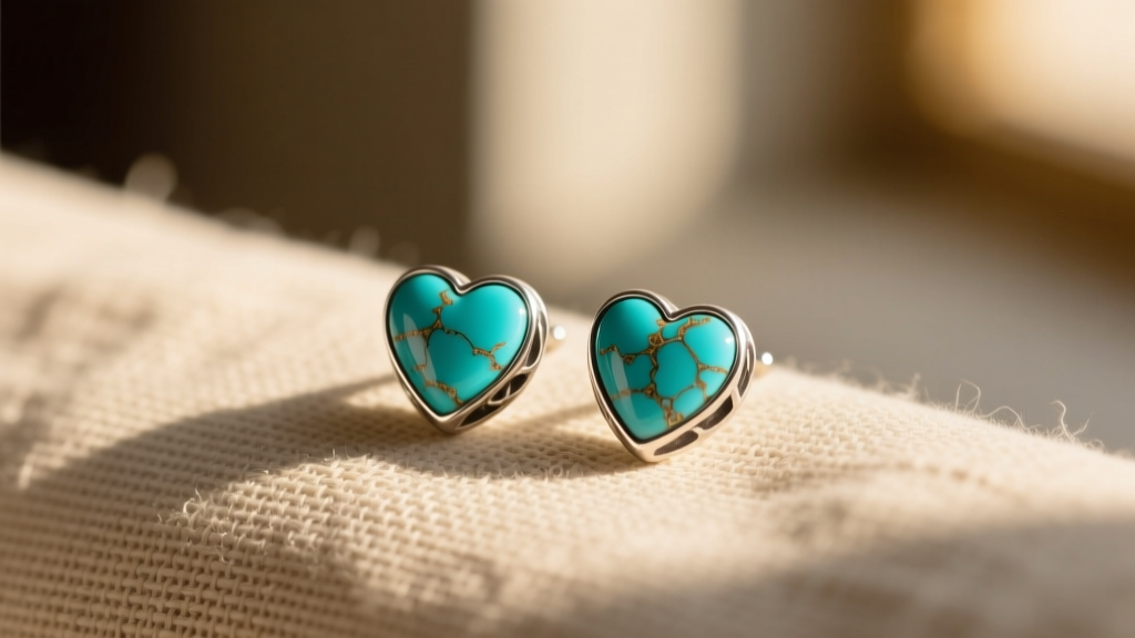 Genuine turquoise heart stud earrings set in oxidized sterling silver resting on textured linen cloth under warm sunlight.