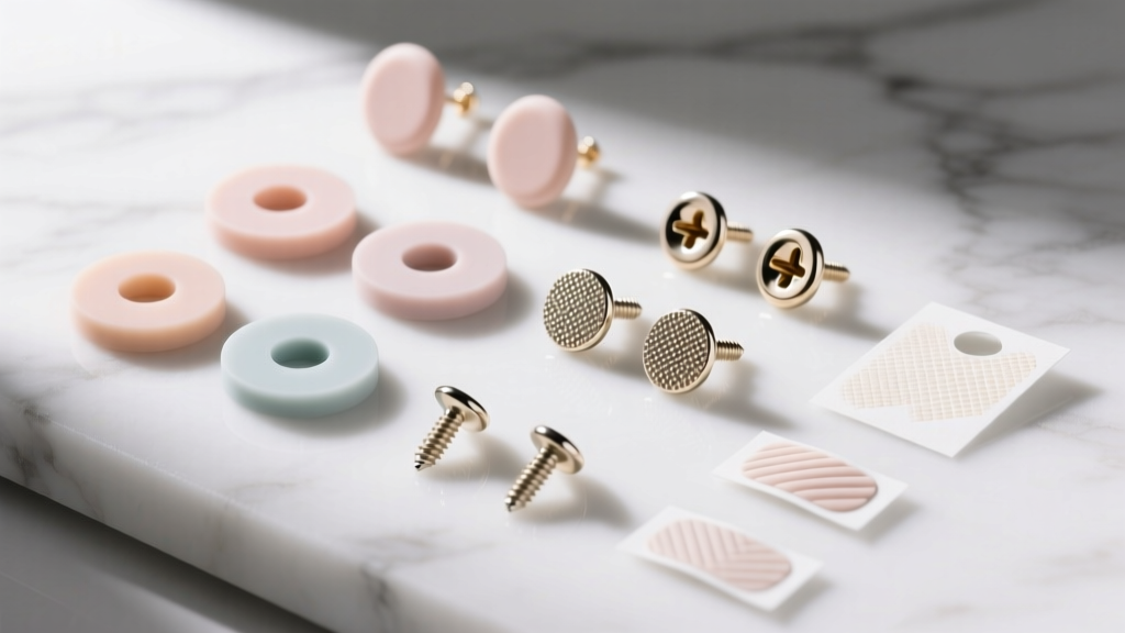 Overhead flat lay of heavy earring backings including silicone discs, screw-backs, and adhesive patches on white marble.