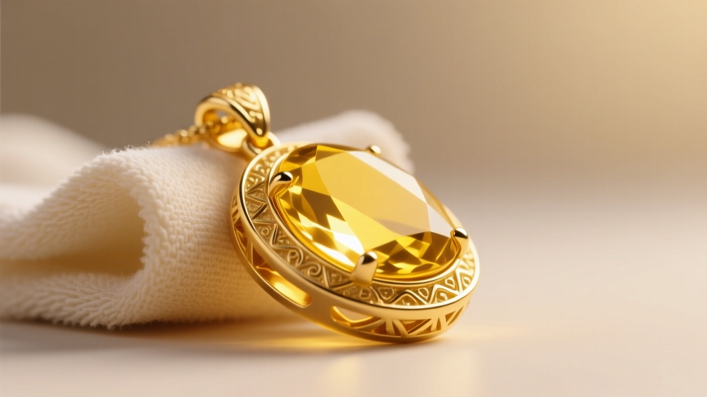 Macro shot of a 22k gold pendant wiped with a cloth, showing the rich yellow hue and pristine surface under warm diffused light.
