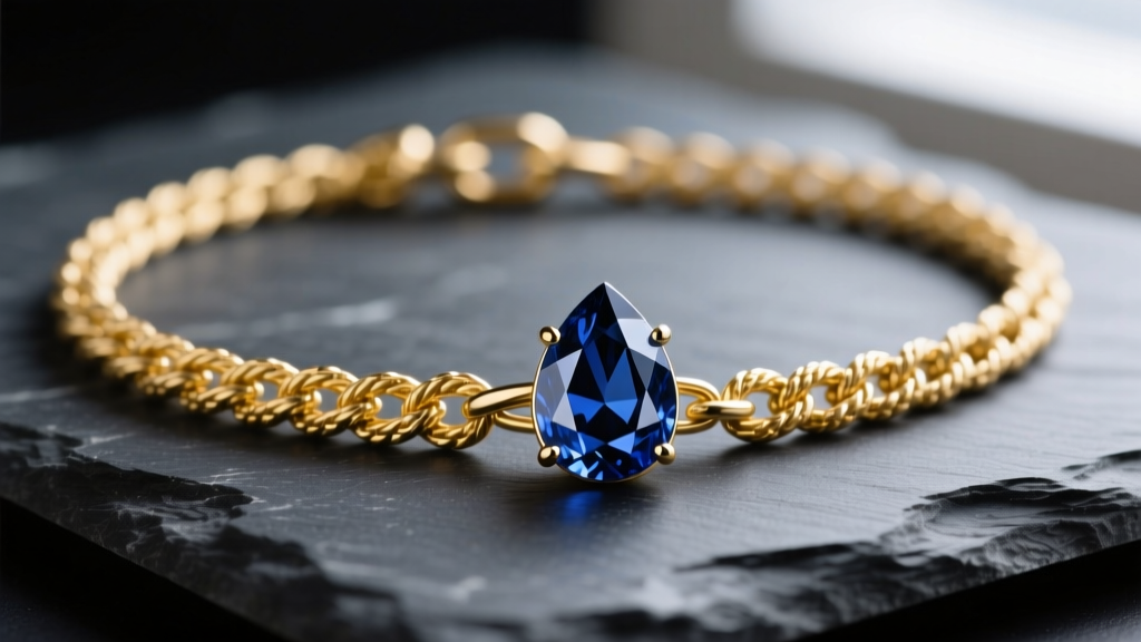 Close-up of a solid 14k yellow gold rope chain holding a detachable pear-shaped sapphire pendant resting on dark slate