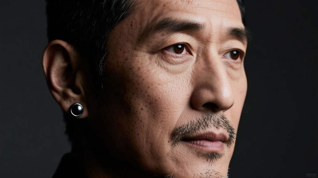 Close-up of a man wearing a single matte black titanium stud earring in his left lobe, lit by moody cinematic studio lighting