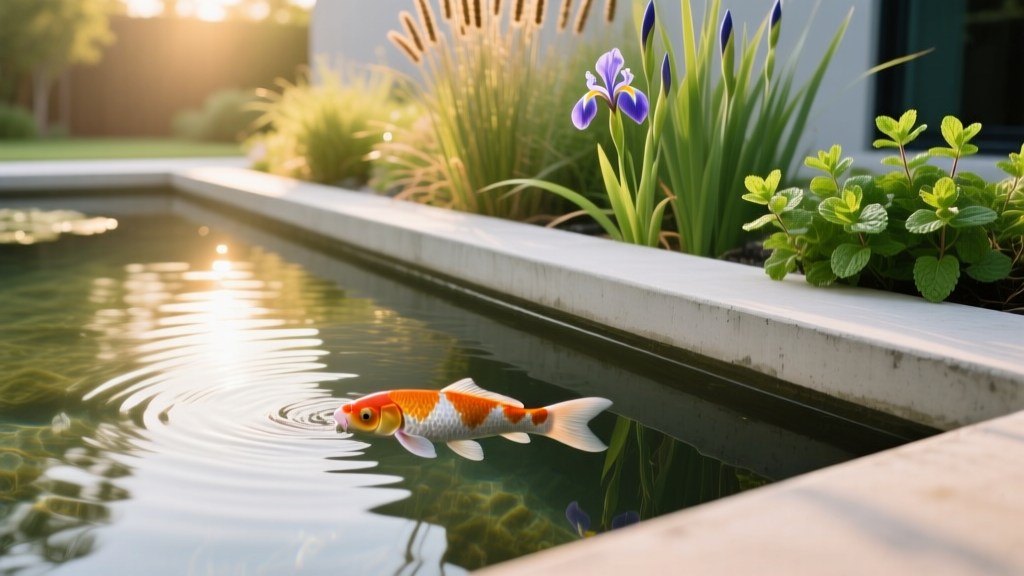Healthy koi swimming calmly in a finished concrete pond with clear water and lush marginal plants along the edge