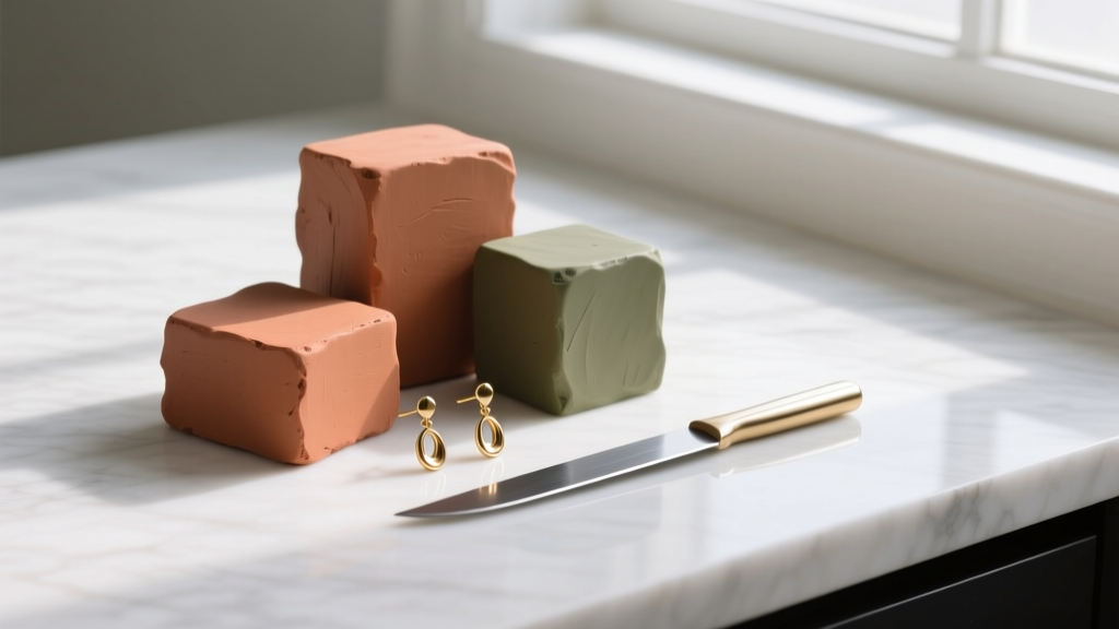 Raw polymer clay blocks in terracotta and sage beside brass earring posts and a steel blade on a bright white marble countertop.