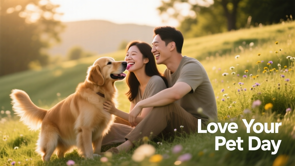 A couple smiling warmly as a dog licks the woman's face during an outdoor sit