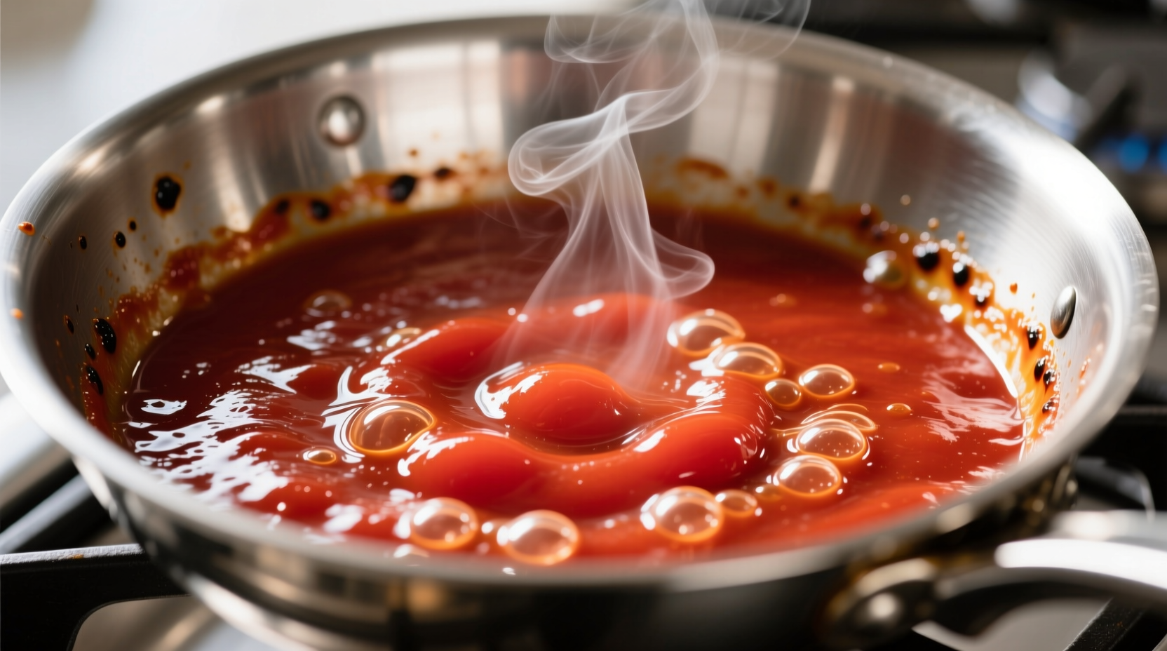 Tomato sauce reducing in stainless steel pan