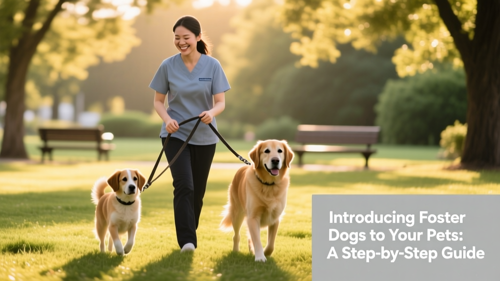 A smiling person gently guiding a foster dog and resident dog during a calm, supervised walk in a grassy park
