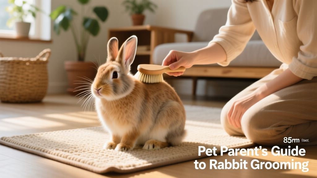 Rabbit sitting calmly on a non-slip mat while a pet parent uses a soft brush near its shoulder