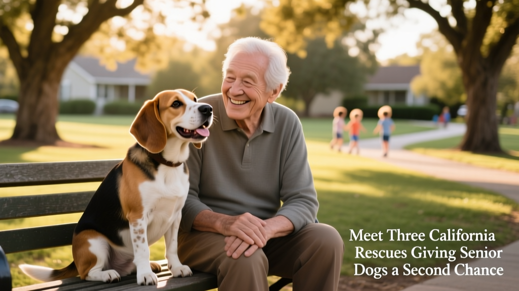 A joyful senior Beagle sitting calmly beside an older adult on a park bench, both smiling as they share a quiet moment