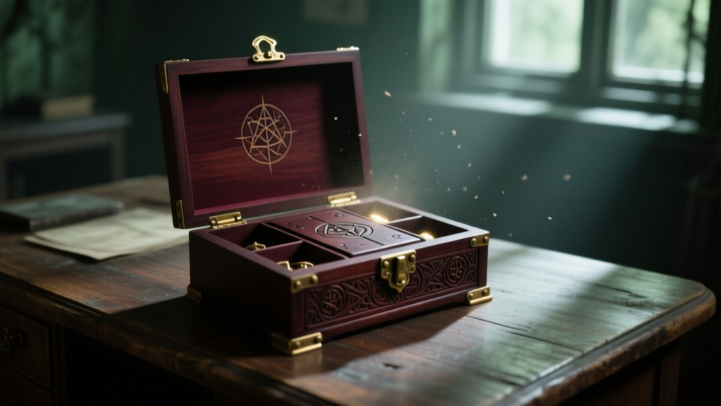 Dimly lit mahogany puzzle jewelry box with sliding panels on an oak desk, evoking a survival horror game save room atmosphere