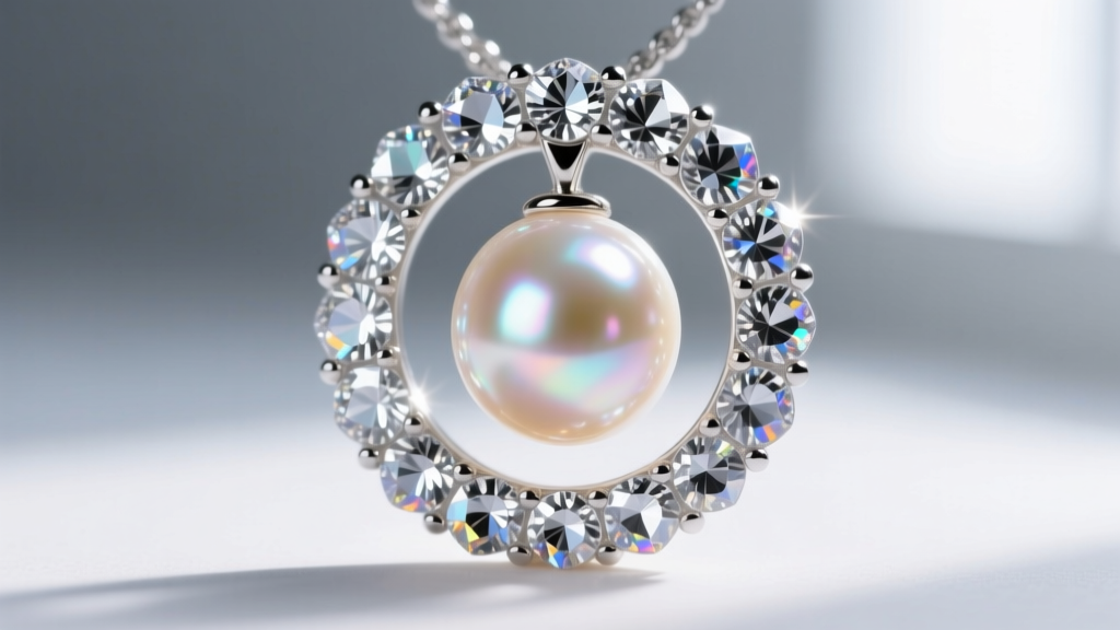 Macro photography of a single 9mm Akoya pearl pendant surrounded by a halo of precision-cut Swarovski chaton rhinestones