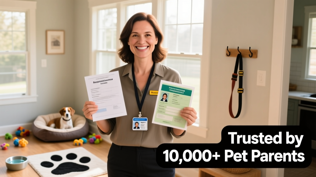 Illustration of a friendly, professional pet sitter holding ID documents and smiling confidently