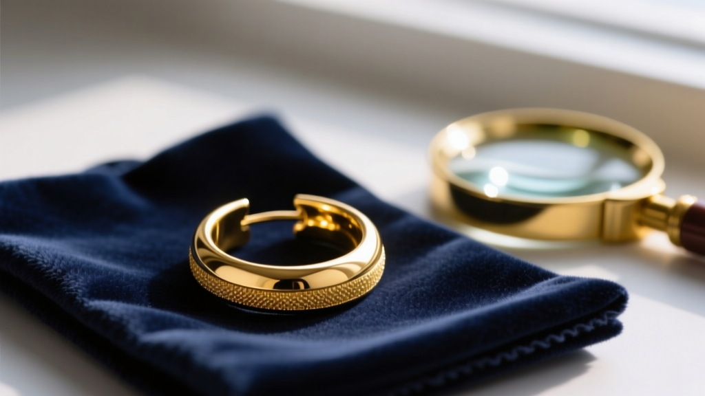 Macro photography of a 14k solid yellow gold hoop earring resting on a dark velvet cleaning cloth next to a jeweler's loupe