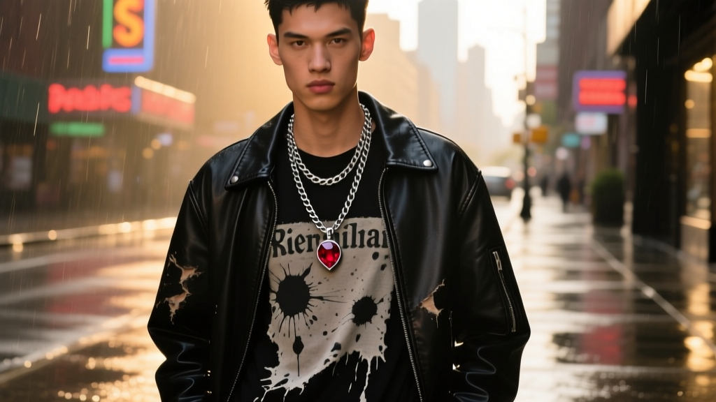 Streetwear model wearing a layered black rhodium chain and ruby pendant over a distressed graphic tee and a dark leather jacket