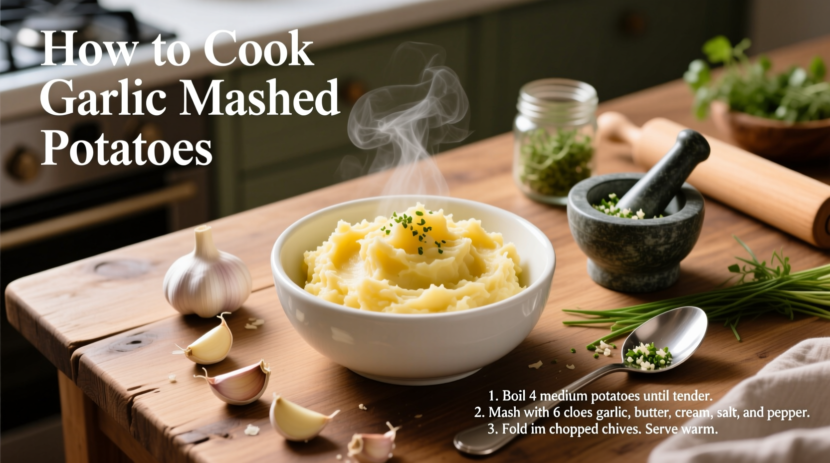 Kochprozess von Knoblauchkartoffelpüree