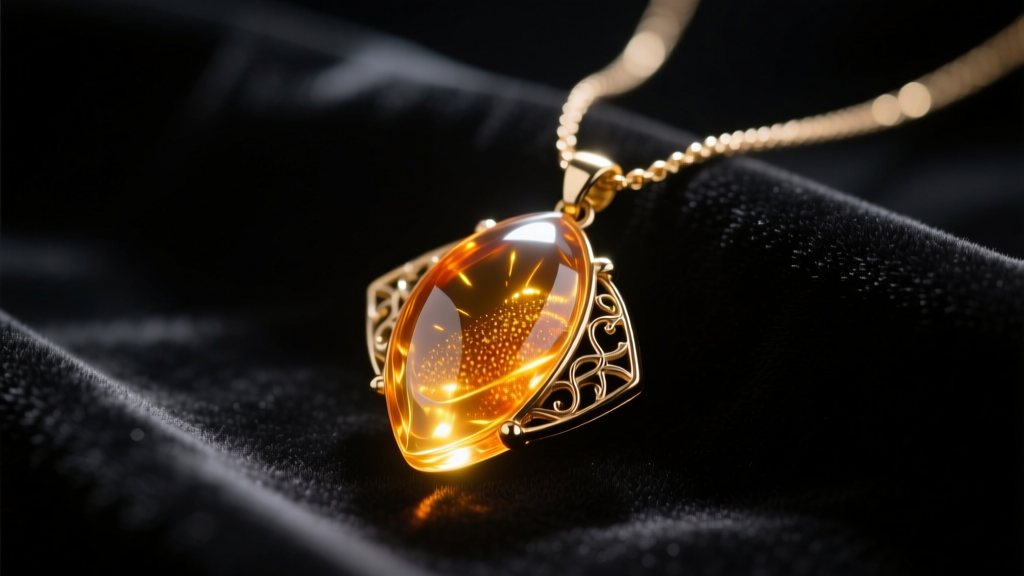 Close-up of a glowing resin Cult of the Lamb Necklace of Light pendant on dark velvet under moody, atmospheric studio lighting.