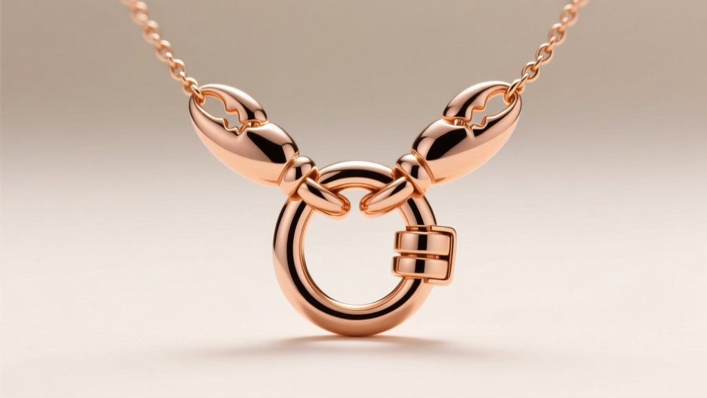 Close-up of a secure lobster clasp on an 18k rose gold Y-shaped necklace showing proper jump ring alignment under bright light.