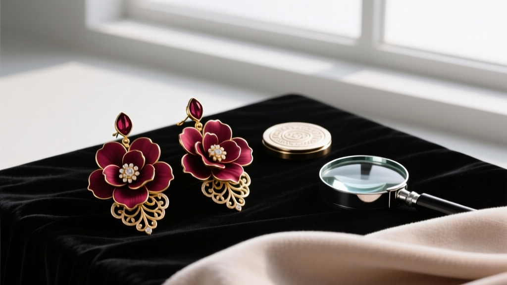 Flat lay of large floral earrings on dark velvet next to metal disc backers, a jewelry loupe, and a microfiber cloth in soft lights