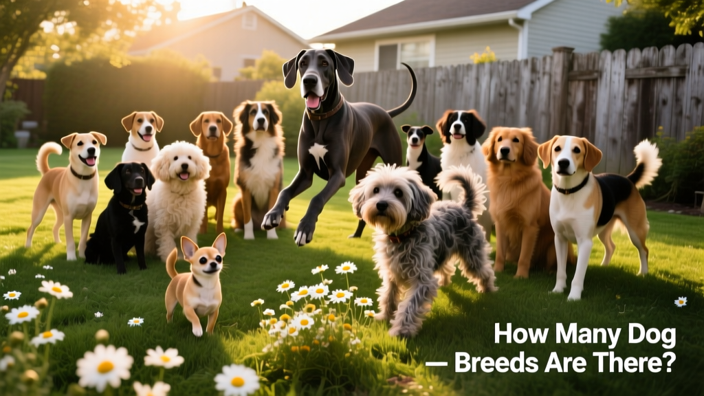 A diverse group of dogs representing different breeds, sizes, and coat types gathered outdoors