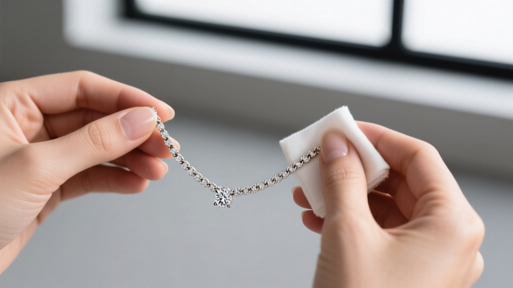 Jeweler hands using a soft microfiber cloth and mild soap solution to gently clean a delicate white gold Eva diamond chain necklace