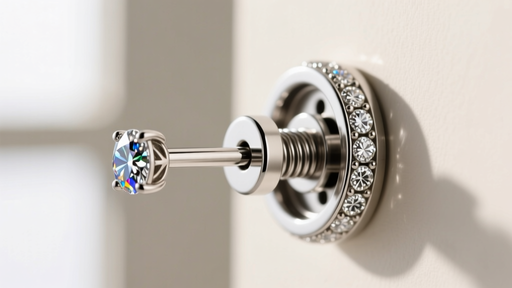Close-up photo showing a 16-gauge diamond stud post sliding into the spring-loaded internal clutch of a platinum La Pousette back.