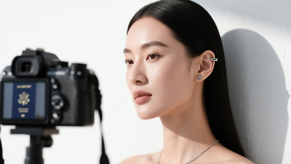 Woman with small matte titanium studs against a white wall, facing a passport camera under soft lighting for a biometric scan
