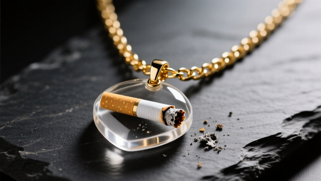 Close-up of a gold chain necklace featuring a clear resin pendant encasing a crushed cigarette, resting on a dark slate surface.