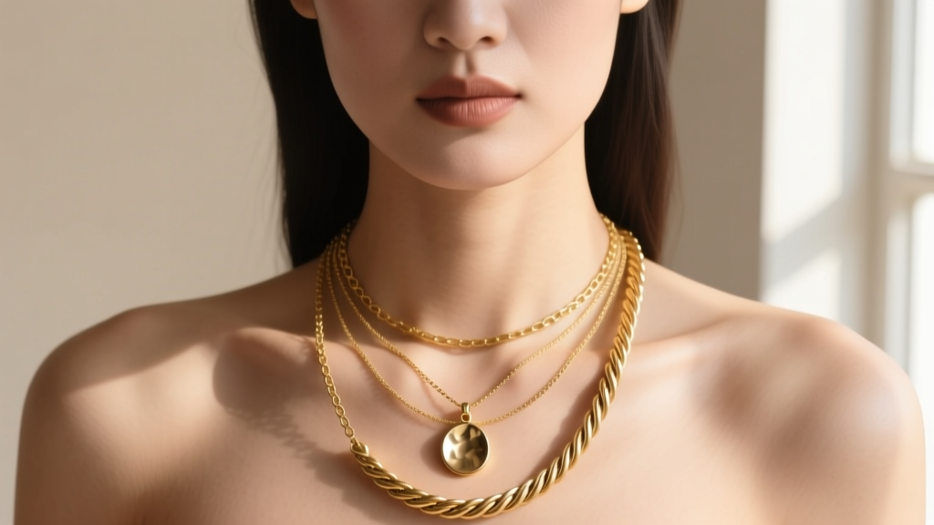 Close-up of a woman wearing three layered gold necklaces of varying lengths and textures, softly lit against a neutral background
