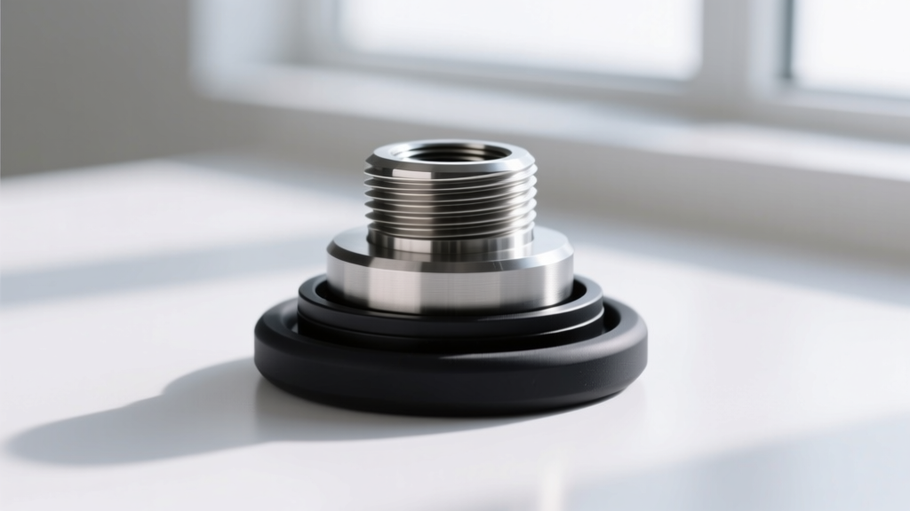 Macro photo of a threaded cremation cap with a black silicone O-ring and M3 threads resting on a clean white studio surface.