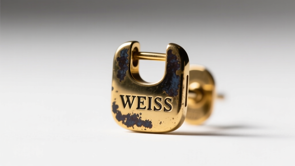 Macro photo of vintage Weiss earring back showing stamped WEISS logo and dark patina on the gold-tone metal clip mechanism.
