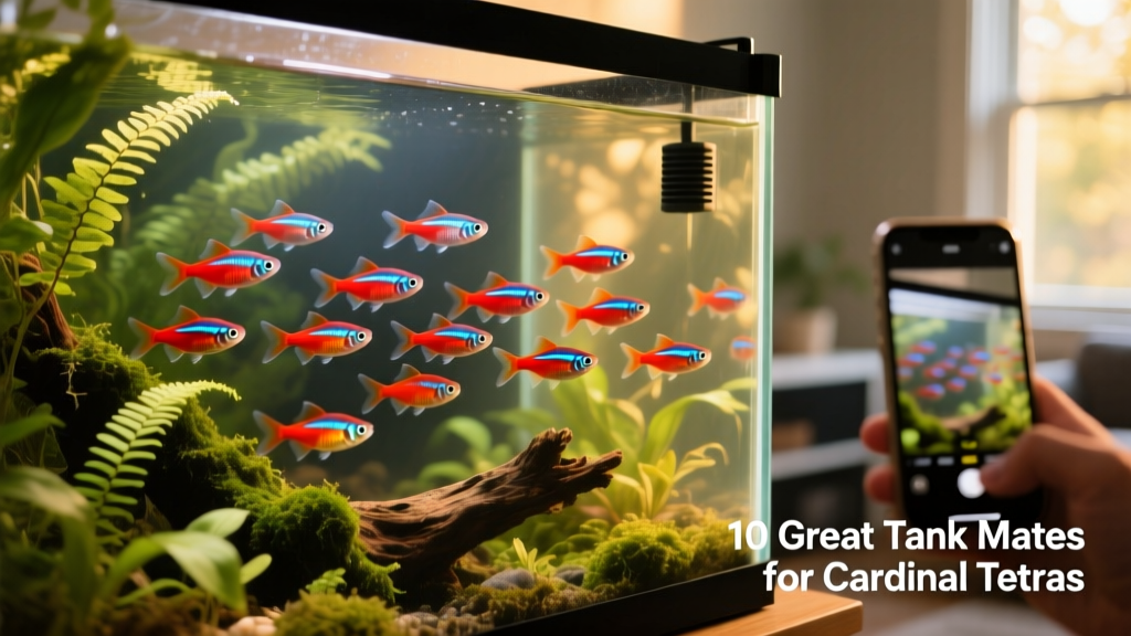 School of cardinal tetras swimming together in a well-planted aquarium