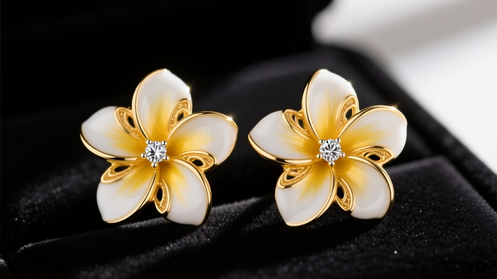 Close-up of 14k yellow gold plumeria hawaii flower earrings with white enamel and diamond center on dark velvet