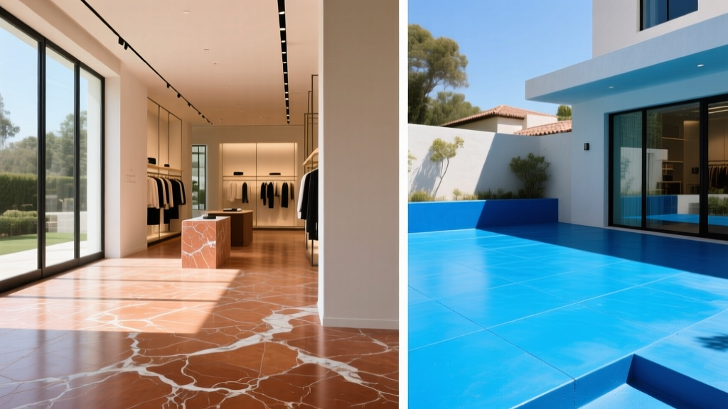 Split view of marbled terra-cotta acid-stained indoor retail floor and vibrant opaque blue water-based stained outdoor concrete patio
