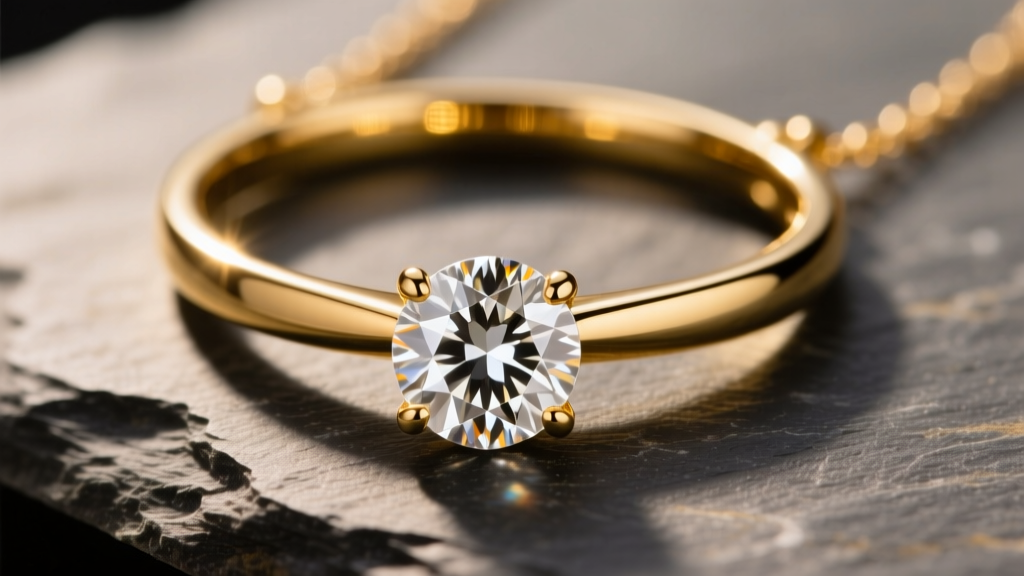 Macro shot of 14k gold bezel set diamond necklace on slate, showing the smooth metal rim and a sparkling round brilliant diamond.