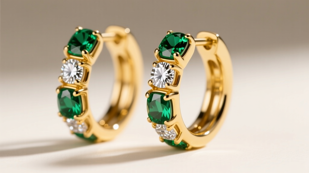 Close-up of 15mm 18k yellow gold gem hoop earrings featuring alternating lab-grown emeralds and diamonds in secure bezel settings