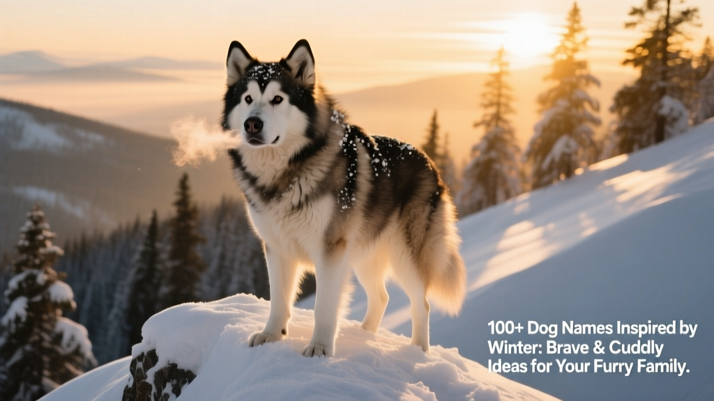 A rugged male Alaskan Malamute standing proudly on a snow-covered mountain ridge at sunrise