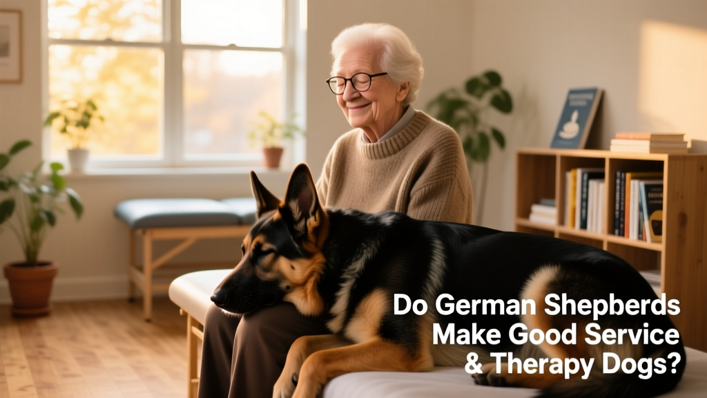 A German Shepherd gently resting its head on the lap of an elderly person seated in a sunlit therapy room