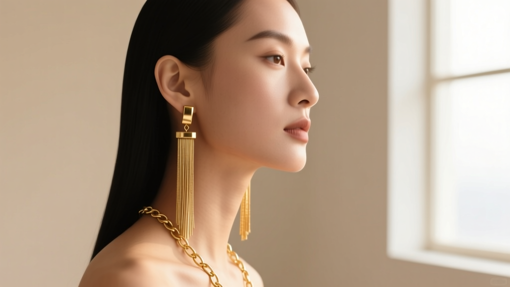 Side profile of a woman wearing long gold chain tassel earrings, highlighting the jawline against a soft beige studio backdrop