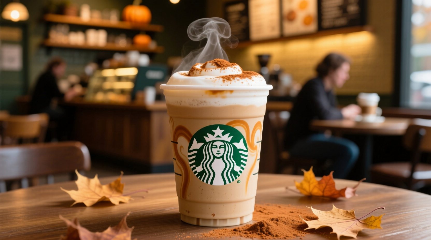 Pumpkin Spice Latte in Starbucks cup with cinnamon