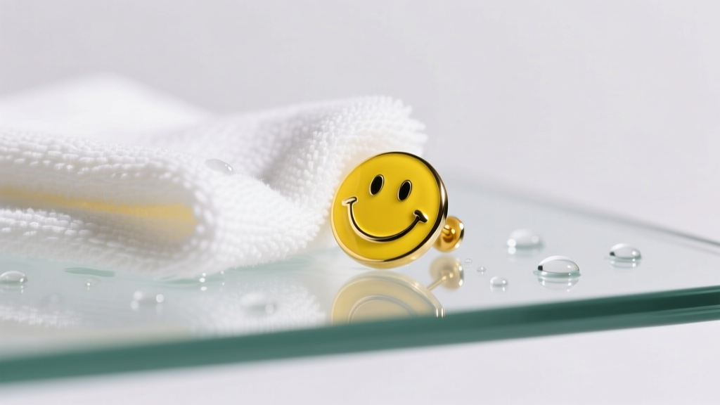 Soft cloth wiping a yellow enamel smiley earring with saline on a clean glass surface under bright, diffused studio lighting.
