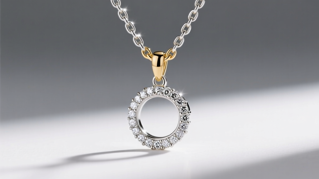 Profile of a 14k white gold chain with a diamond melee halo pendant, showing secure prongs and a small gold lobster clasp.